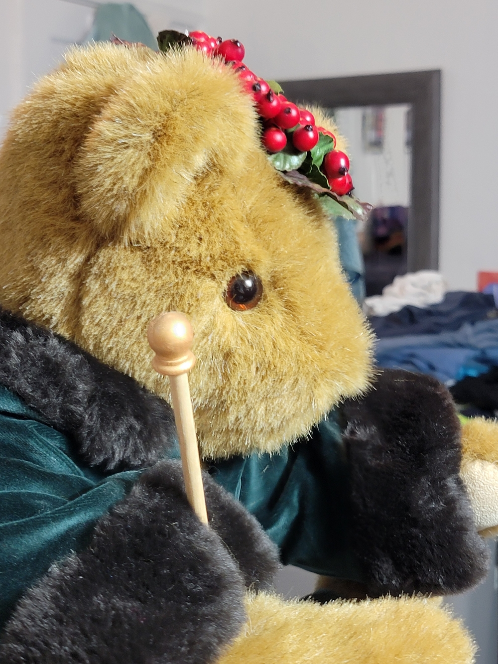 Christmas Plush Teddy Bear Toy in Golden Brown with Red Berry Headband